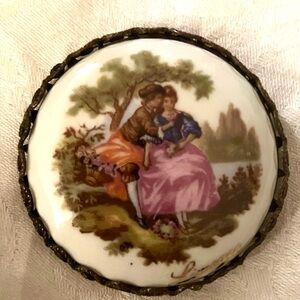 Vintage Hand-Painted Limoges Porcelain Compact Mirror Rococo Scene Brass Patina
